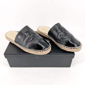 Chanel CC Espadrile Mules EU 37 US 6-6.5 Black Patent Cap Toe Logo Flat Sandal